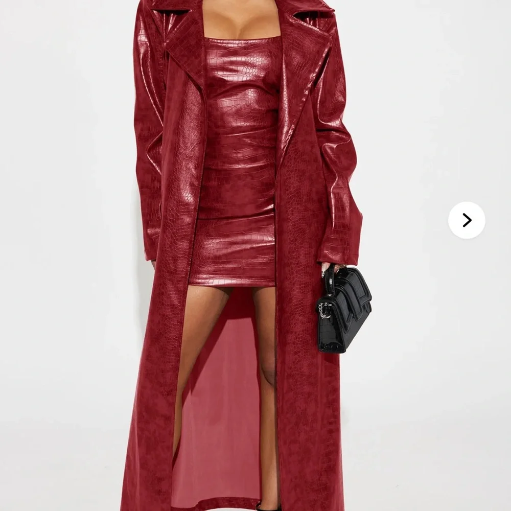 Wine/Red Faux Leather Trench Coat and mini dress set - Picture 2 of 4